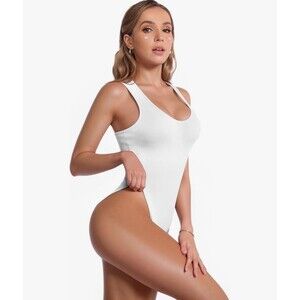 MANGOPOP Tank Top Scoop Neck Bodysuits for Women Sleeveless Size S White